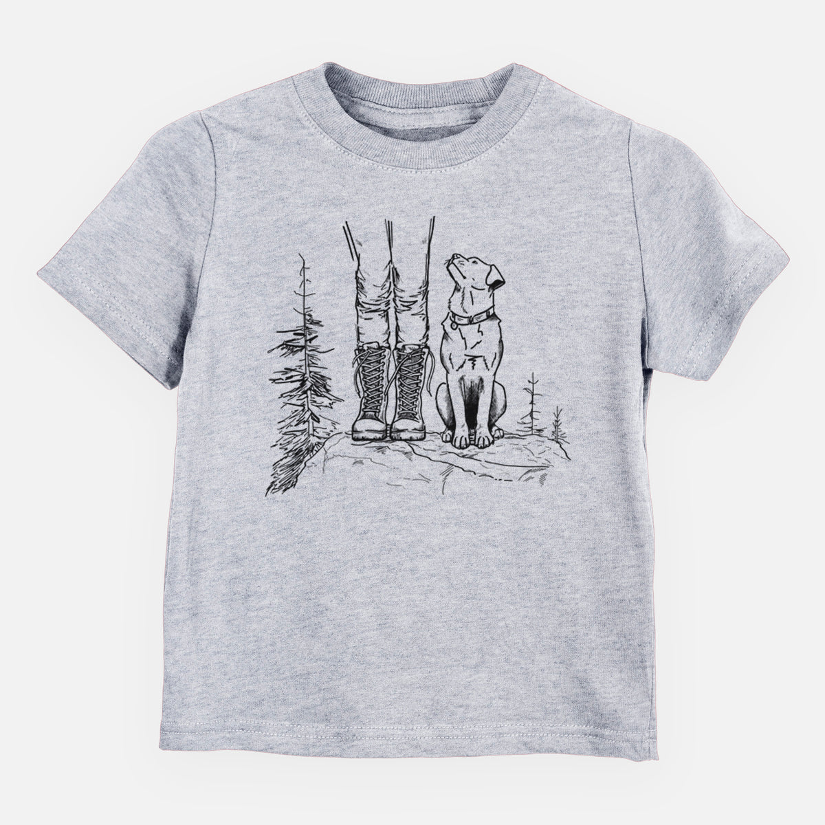 Heather grey toddler t-shirt laid flat, printed with a black ink illustration of a hiker in boots and a dog sitting side by side on a forest trail, seen from behind.