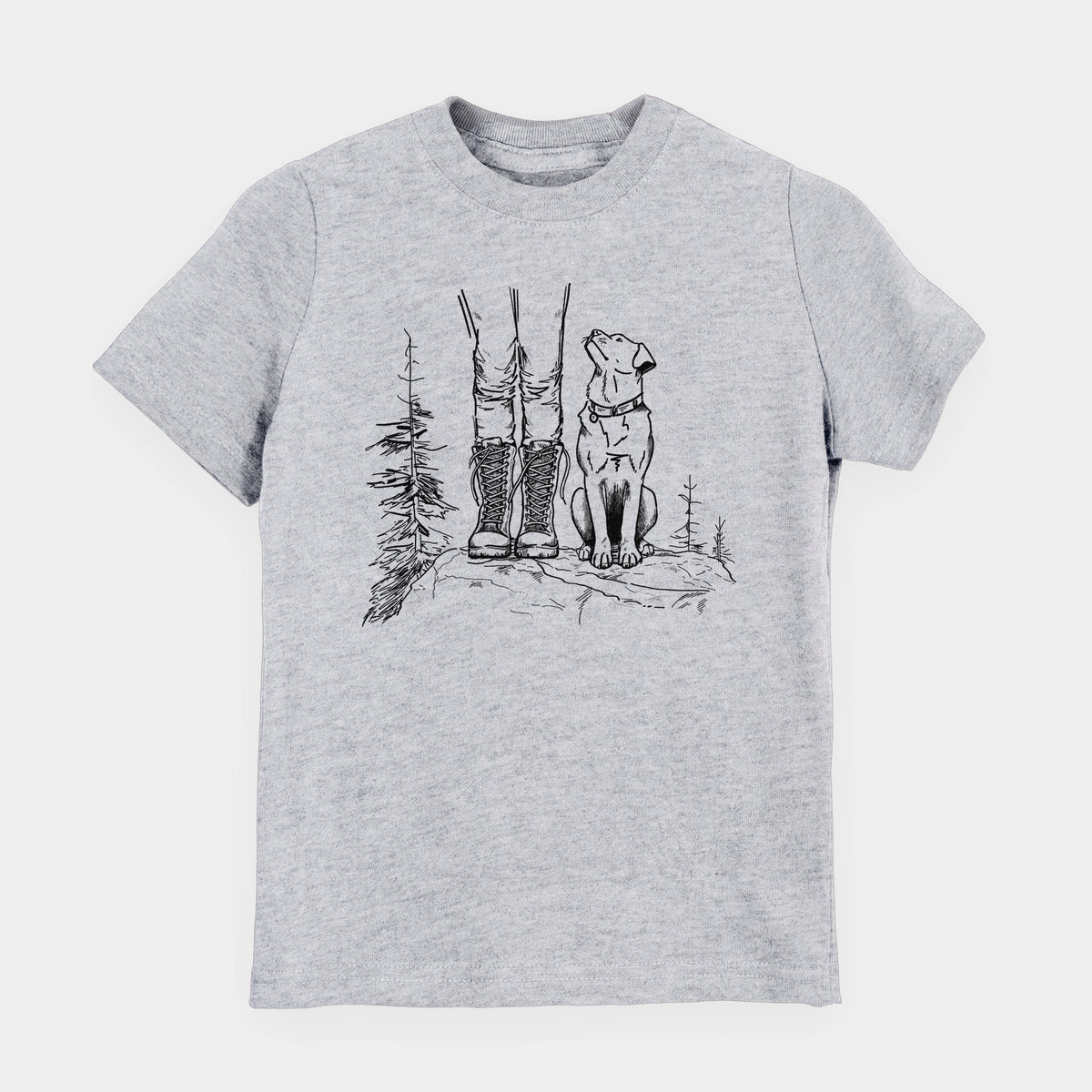 Heather grey youth t-shirt laid flat, printed with a black ink illustration of a hiker in boots and a dog sitting side by side on a forest trail, seen from behind.