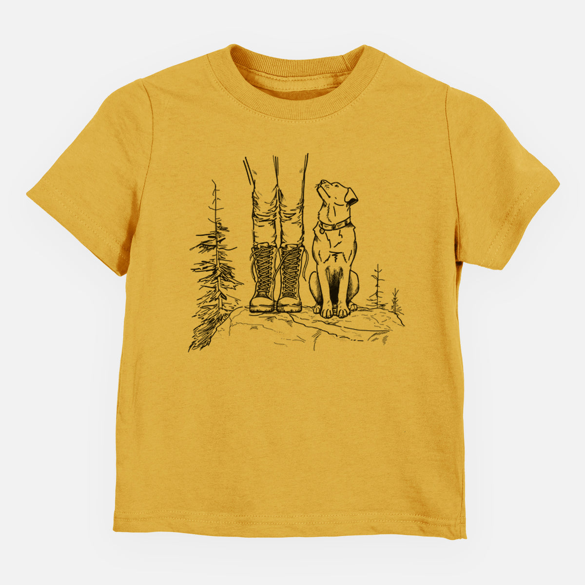 Honeycomb yellow toddler t-shirt laid flat, printed with a black ink illustration of a hiker in boots and a dog sitting side by side on a forest trail, seen from behind.