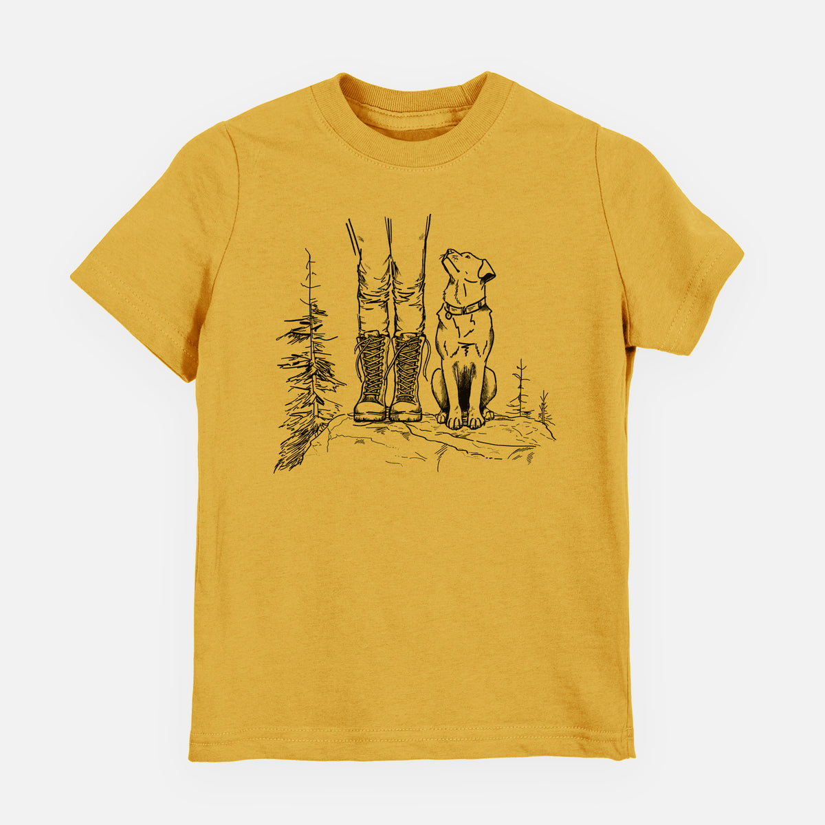 Honeycomb yellow youth t-shirt laid flat, printed with a black ink illustration of a hiker in boots and a dog sitting side by side on a forest trail, seen from behind.
