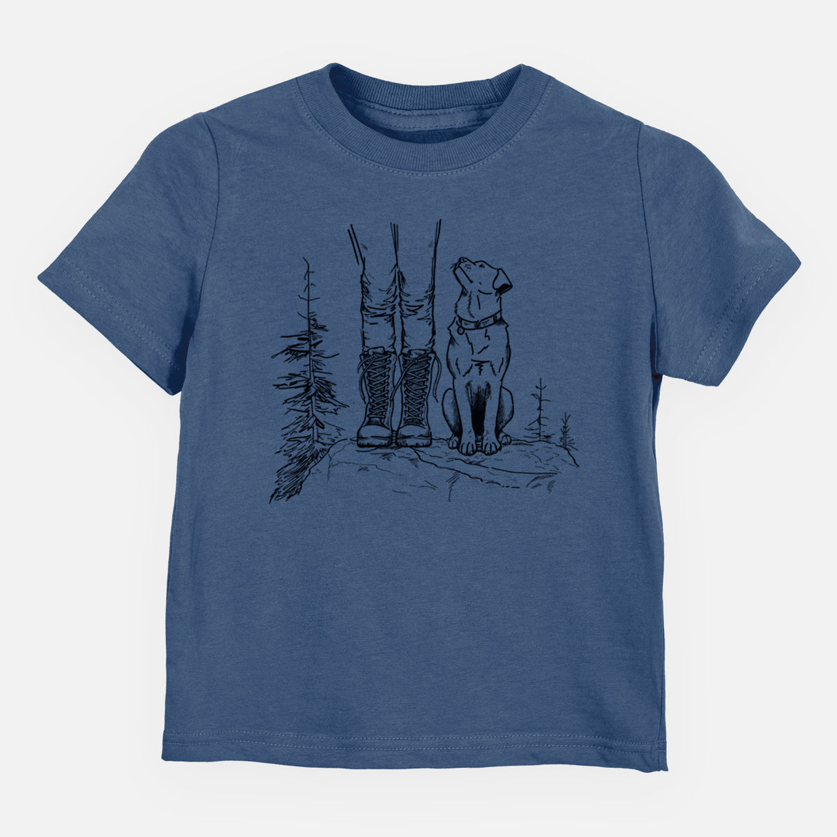 Indigo blue toddler t-shirt laid flat, printed with a black ink illustration of a hiker in boots and a dog sitting side by side on a forest trail, seen from behind.