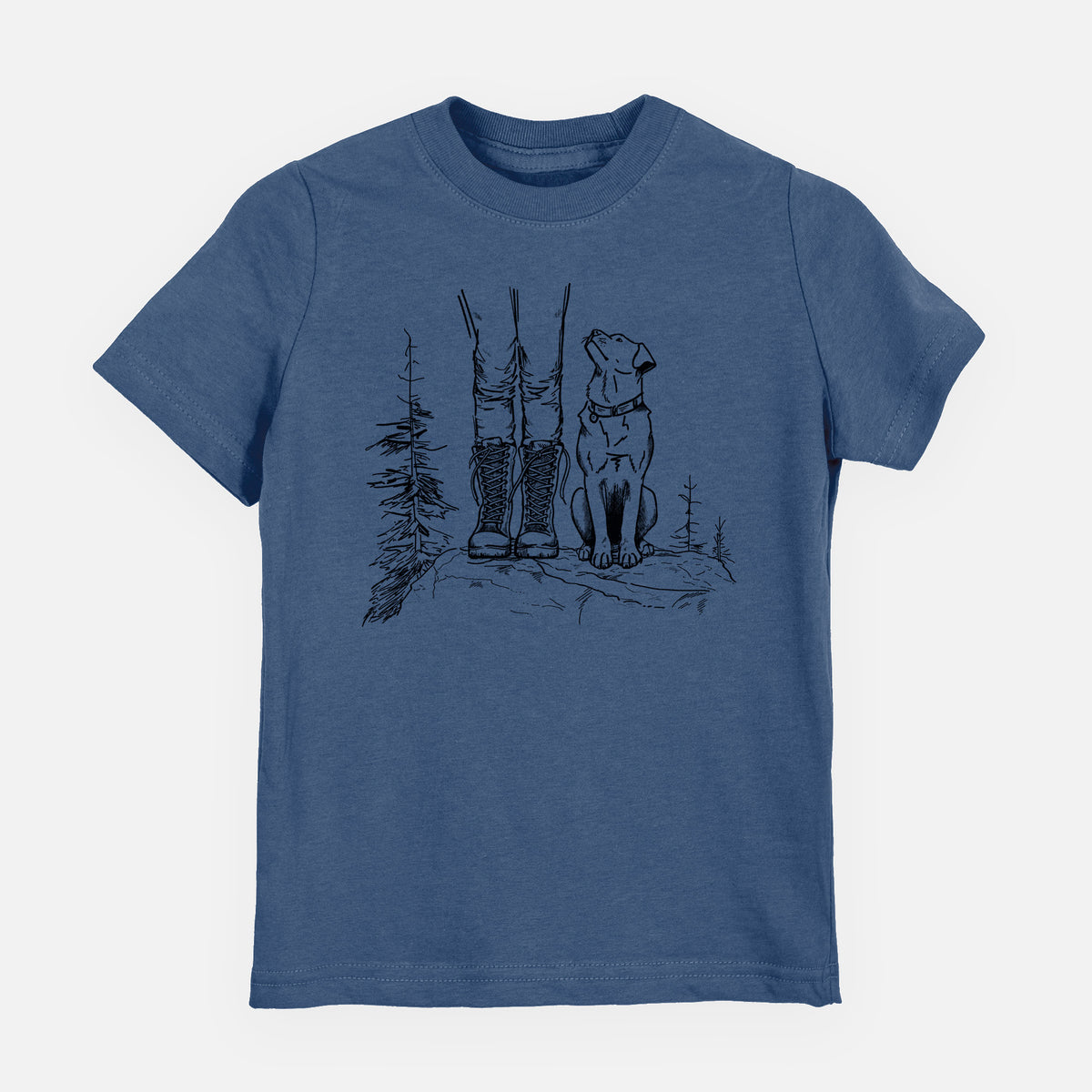 Indigo blue youth t-shirt laid flat, printed with a black ink illustration of a hiker in boots and a dog sitting side by side on a forest trail, seen from behind.