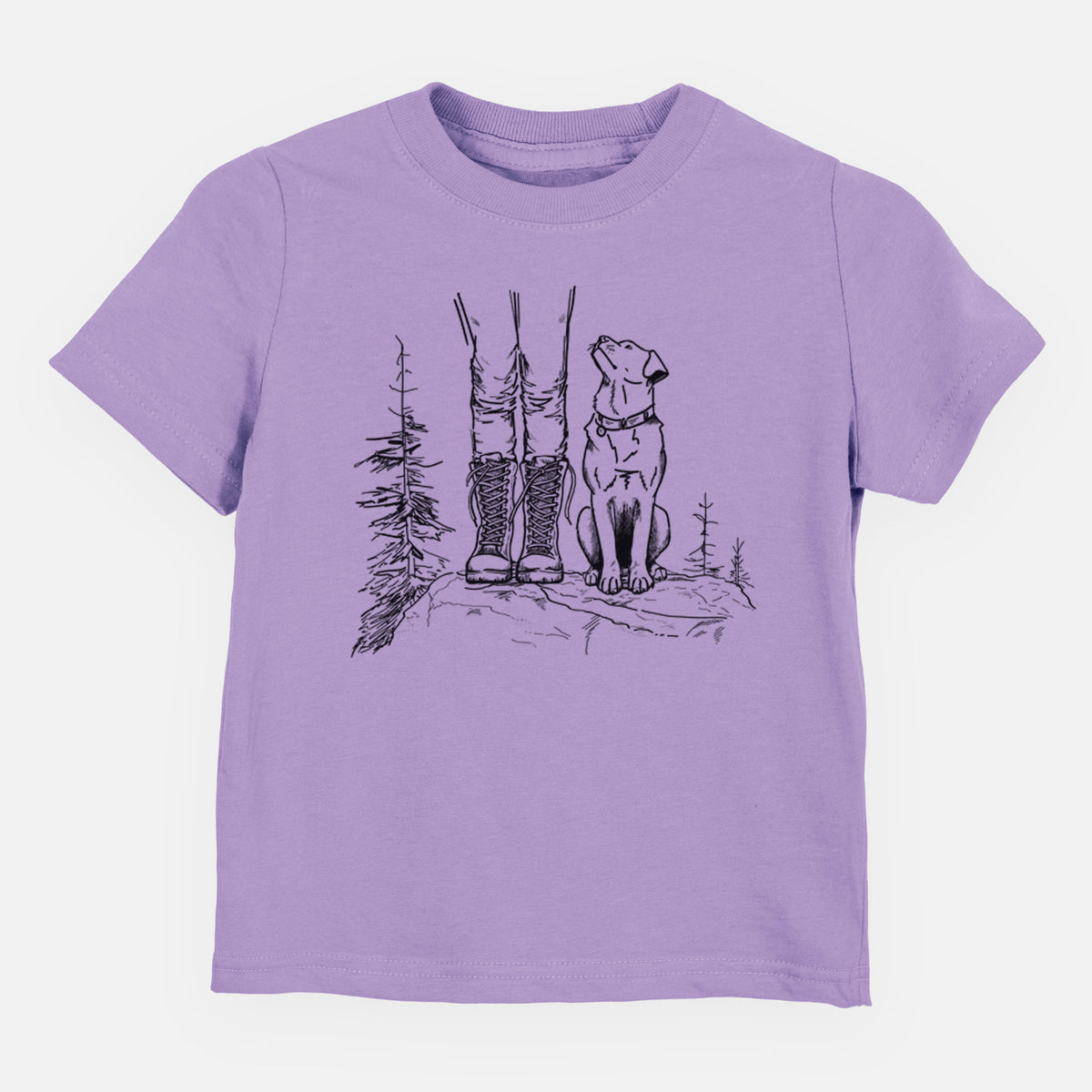 Lavender toddler t-shirt laid flat, printed with a black ink illustration of a hiker in boots and a dog sitting side by side on a forest trail, seen from behind.