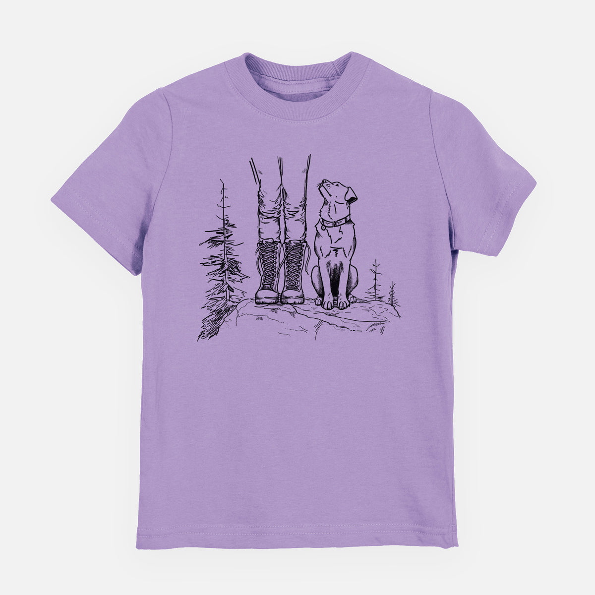 Lavender youth t-shirt laid flat, printed with a black ink illustration of a hiker in boots and a dog sitting side by side on a forest trail, seen from behind.