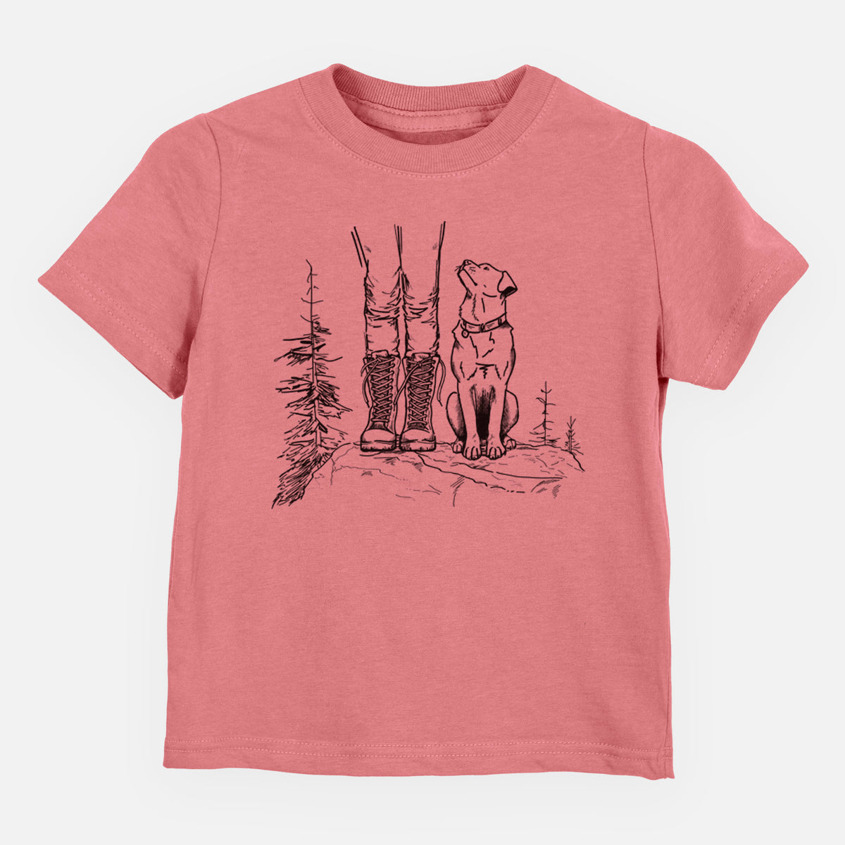 Mauve pink toddler t-shirt laid flat, printed with a black ink illustration of a hiker in boots and a dog sitting side by side on a forest trail, seen from behind.