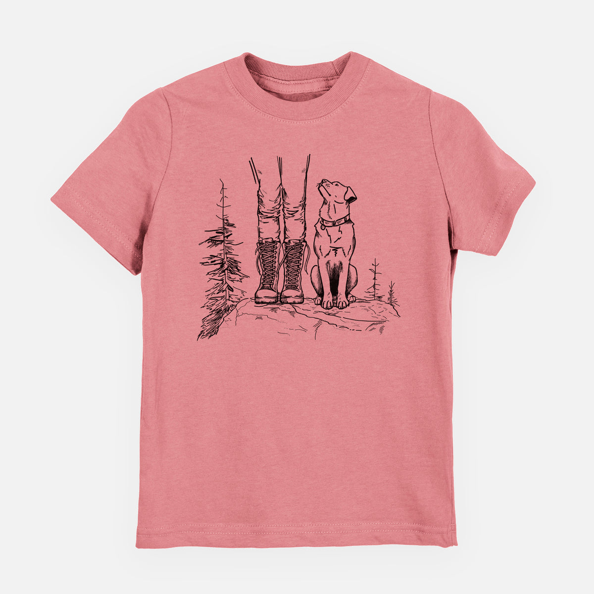 Mauve pink youth t-shirt laid flat, printed with a black ink illustration of a hiker in boots and a dog sitting side by side on a forest trail, seen from behind.