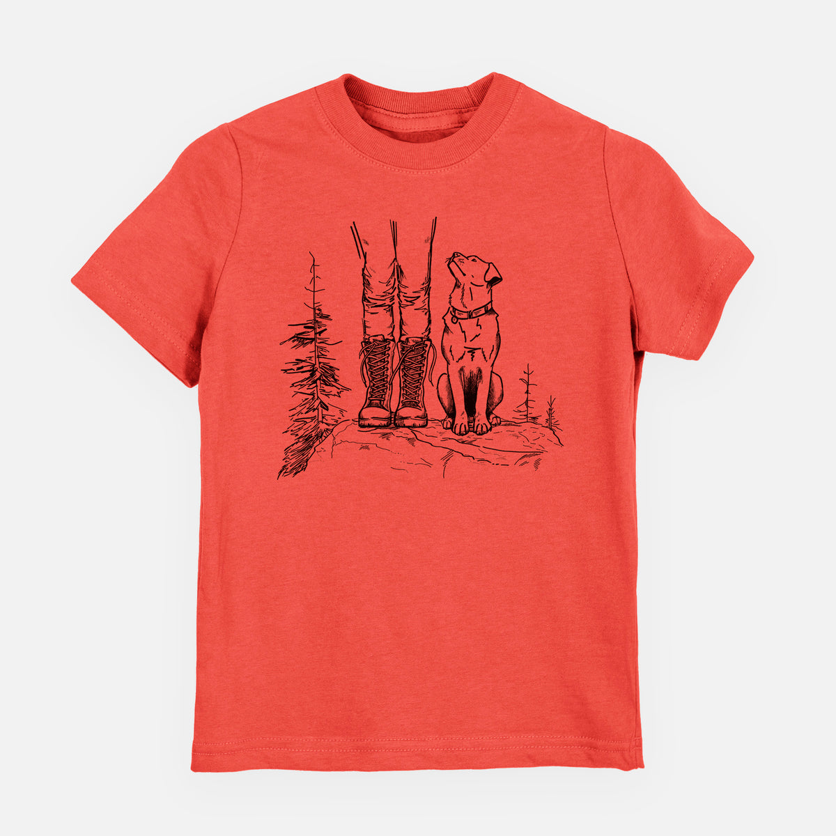 Passionfruit pink youth t-shirt laid flat, printed with a black ink illustration of a hiker in boots and a dog sitting side by side on a forest trail, seen from behind.
