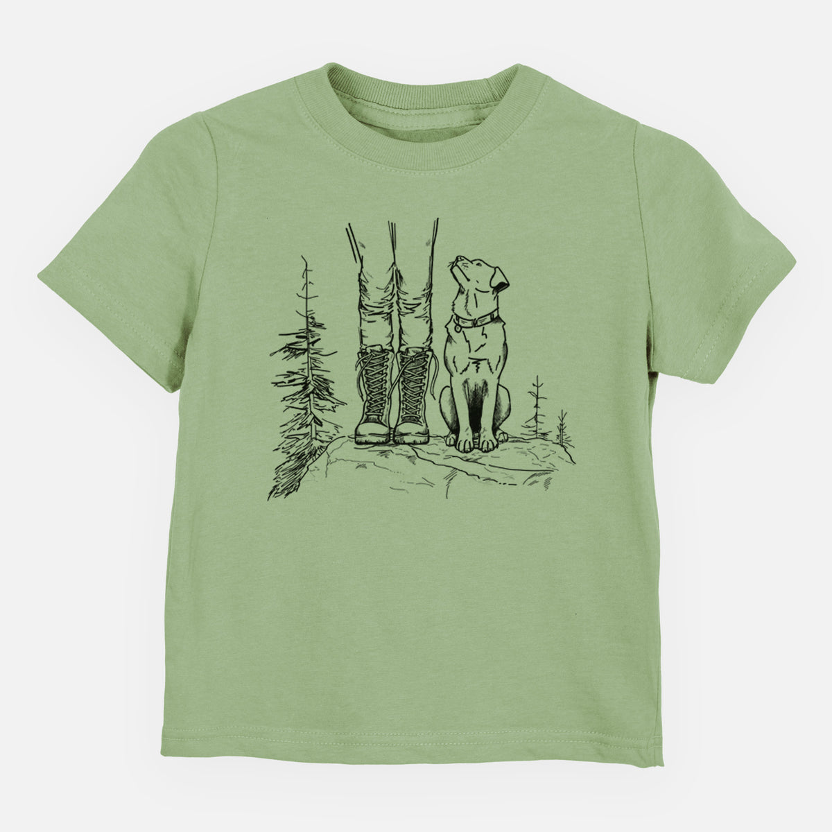 Sage green toddler t-shirt laid flat, printed with a black ink illustration of a hiker in boots and a dog sitting side by side on a forest trail, seen from behind.