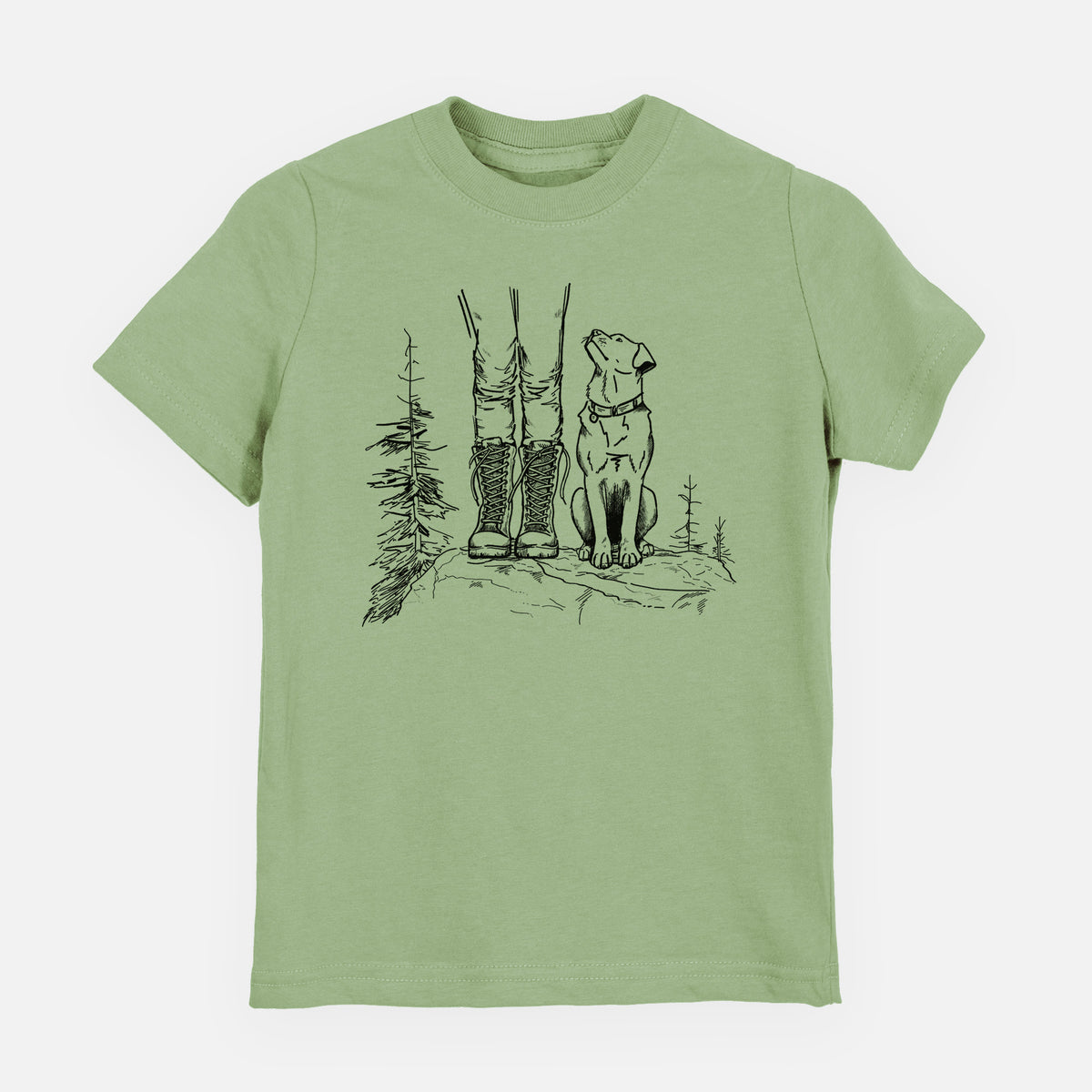 Sage green youth t-shirt laid flat, printed with a black ink illustration of a hiker in boots and a dog sitting side by side on a forest trail, seen from behind.