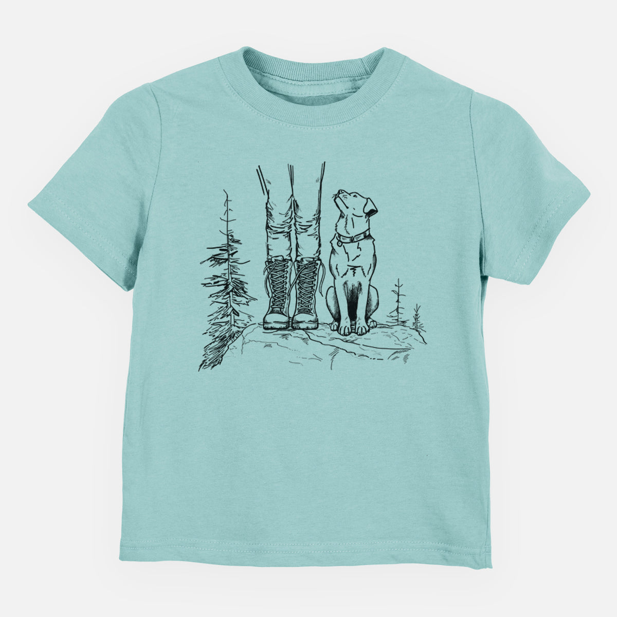 Saltwater toddler t-shirt laid flat, printed with a black ink illustration of a hiker in boots and a dog sitting side by side on a forest trail, seen from behind.