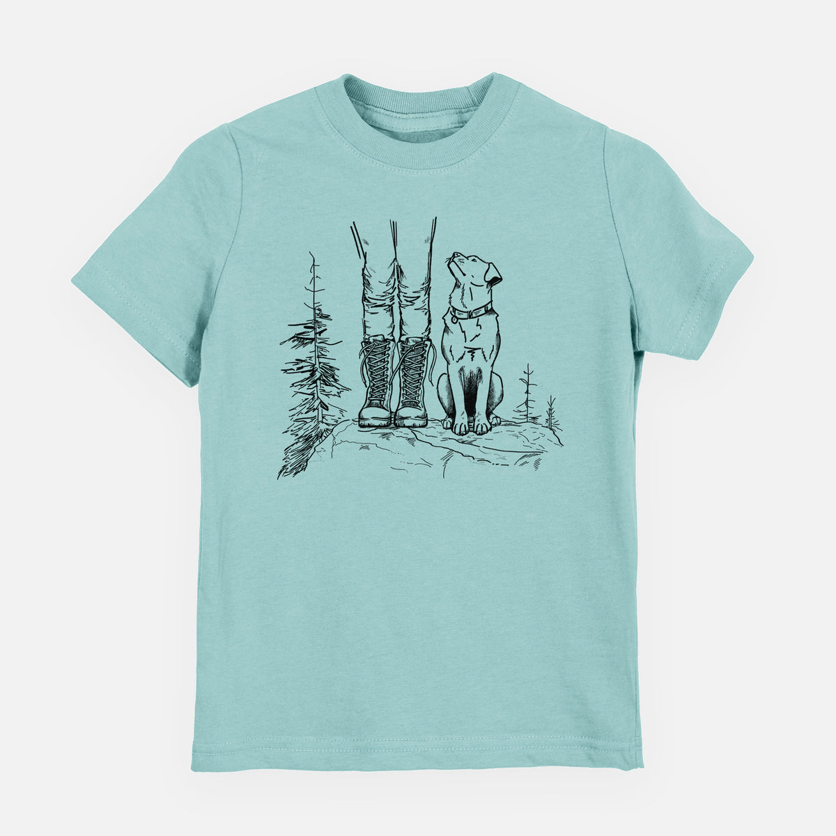 Saltwater youth t-shirt laid flat, printed with a black ink illustration of a hiker in boots and a dog sitting side by side on a forest trail, seen from behind.