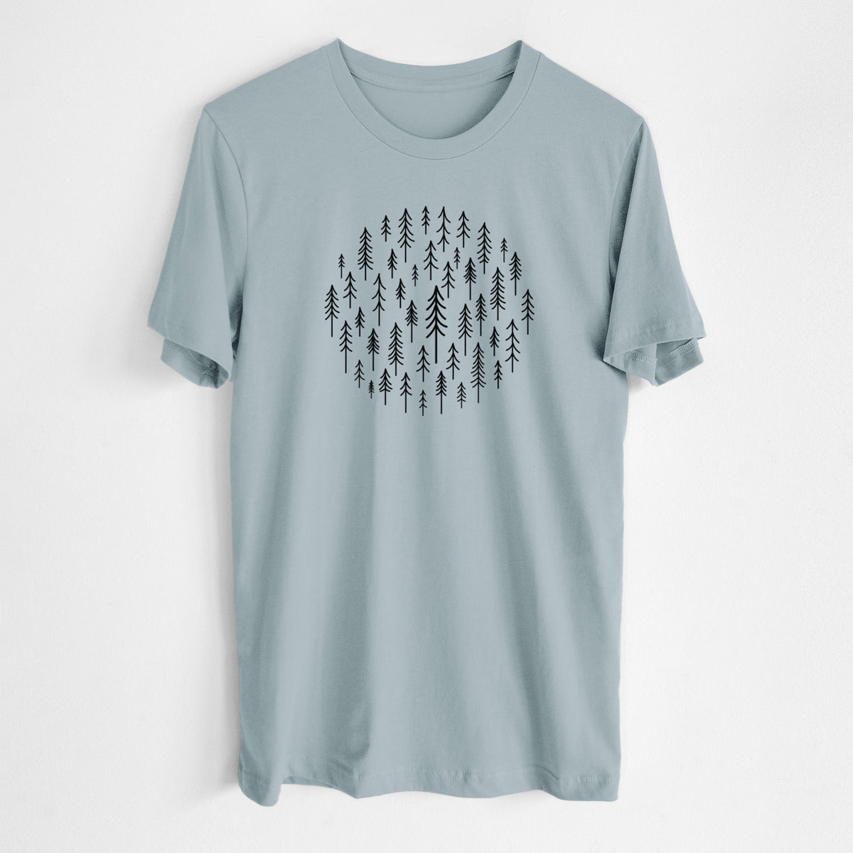 Vintage denim lightweight cotton t-shirt laid flat, printed with a circle made of small black ink pine trees.