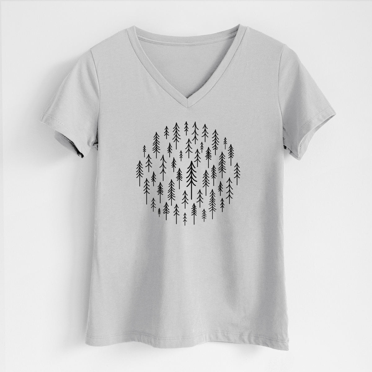 Lunar grey women's relaxed fit cotton V-neck t-shirt laid flat, printed with a circle made of small black ink pine trees.