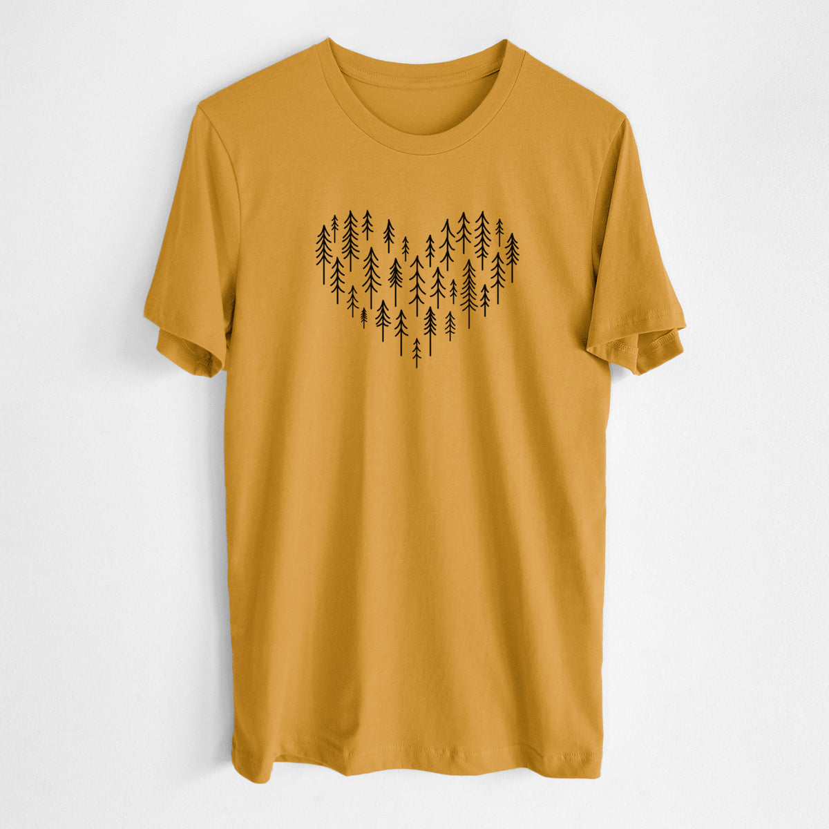 Honeycomb yellow lightweight cotton t-shirt laid flat, printed with a heart shape made of small black ink pine trees.