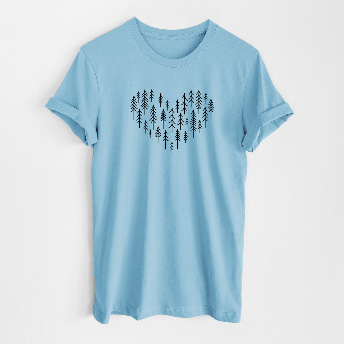 Ocean blue lightweight cotton t-shirt laid flat, printed with a heart shape made of small black ink pine trees.