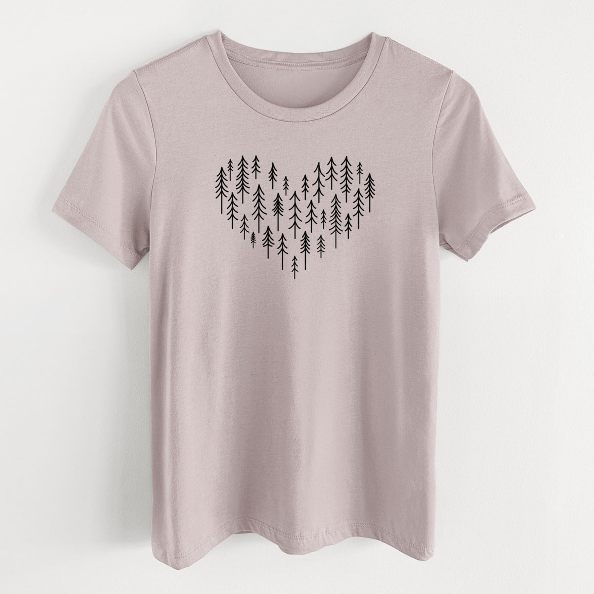 Pink gravel women's relaxed fit cotton t-shirt laid flat, printed with a heart shape made of small black ink pine trees.