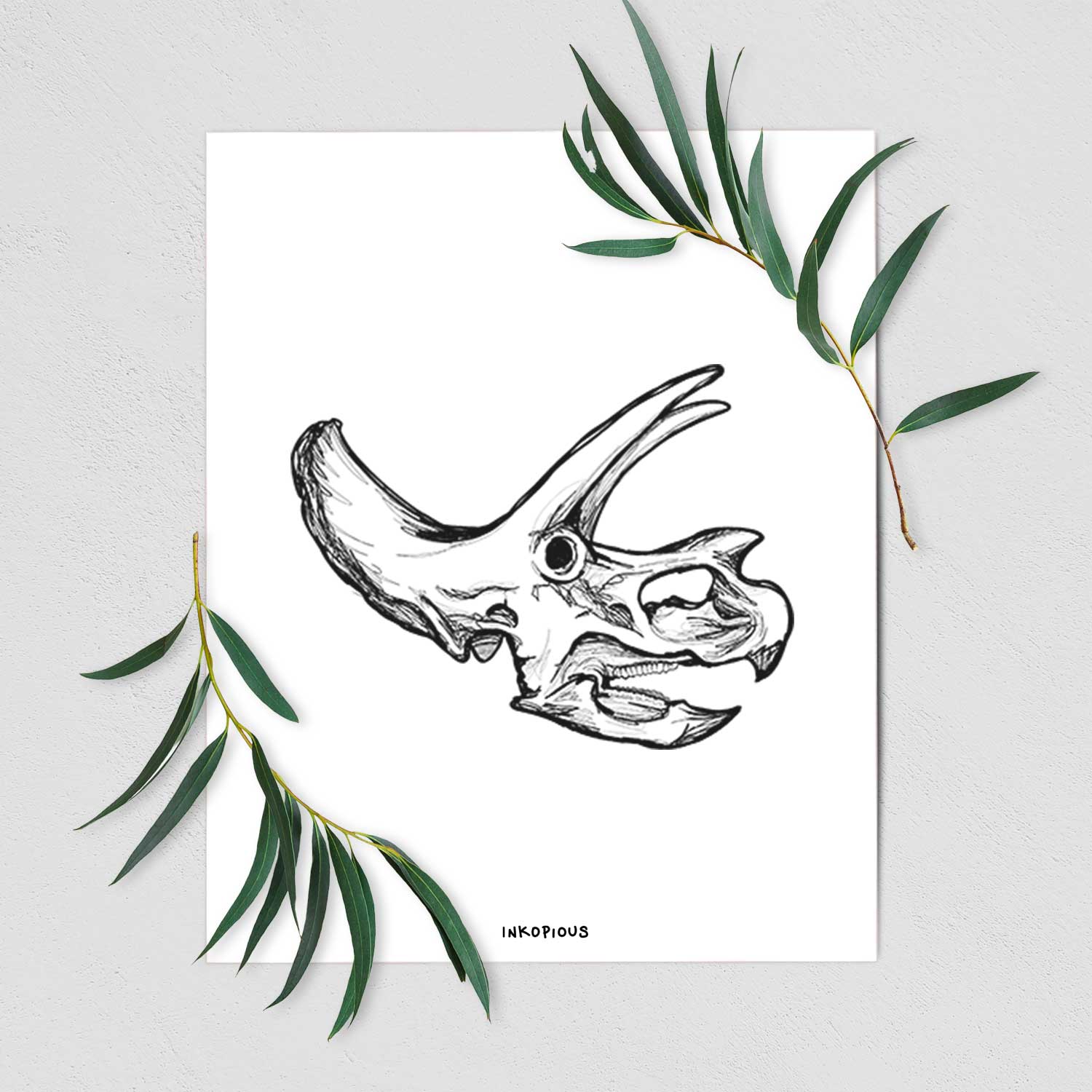 Art print of a detailed black ink illustration of a Triceratops skull with its horns and frill, shown with eucalyptus leaves.