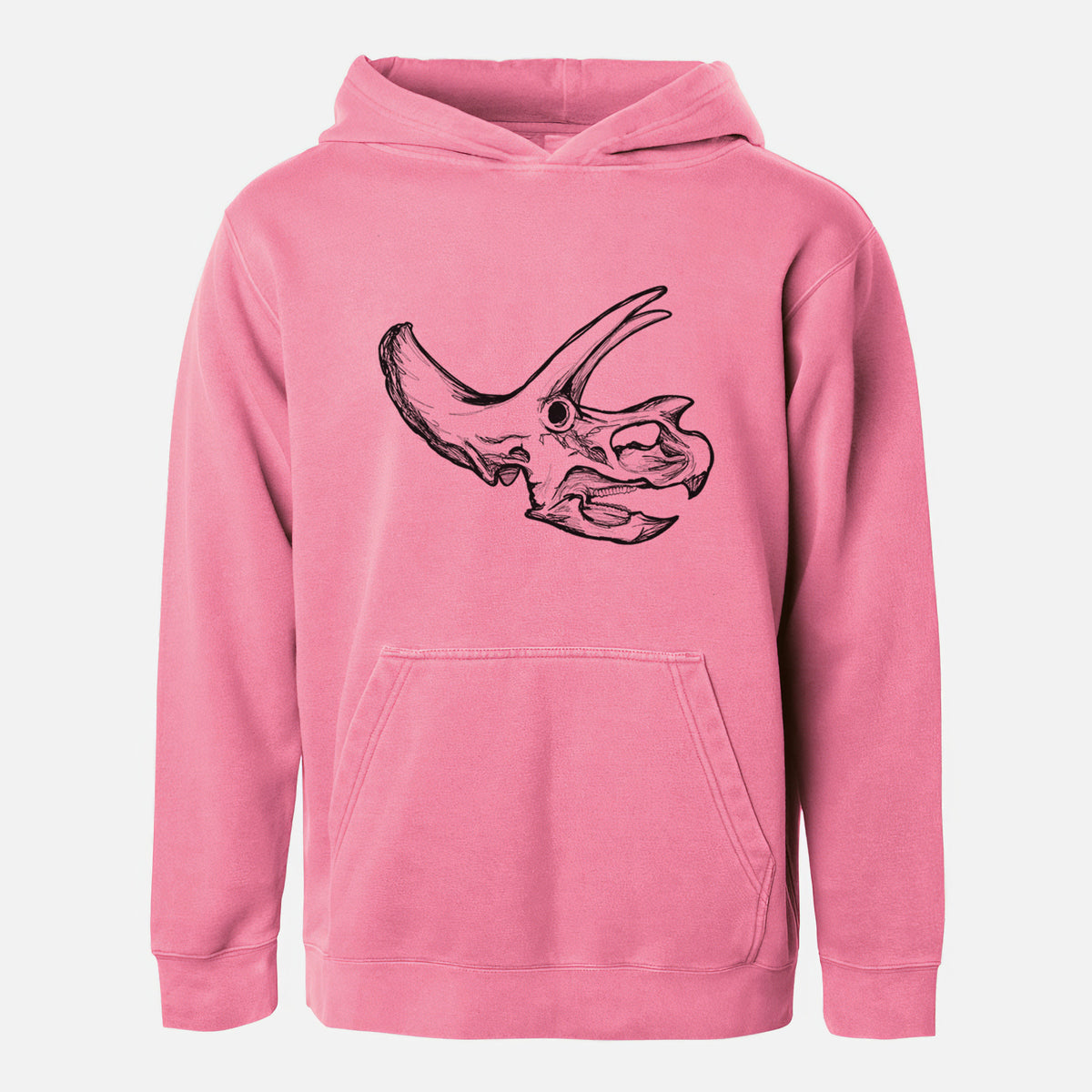 Pigment pink youth pigment dyed hoodie laid flat, printed with a detailed black ink illustration of a Triceratops skull with its horns and frill.