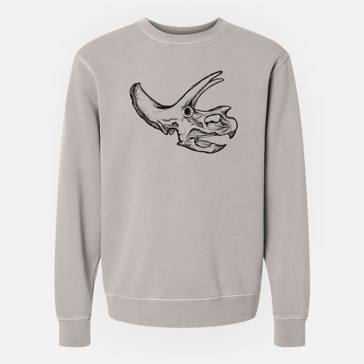 Cement grey pigment dyed crewneck sweatshirt laid flat, printed with a detailed black ink illustration of a Triceratops skull with its horns and frill.