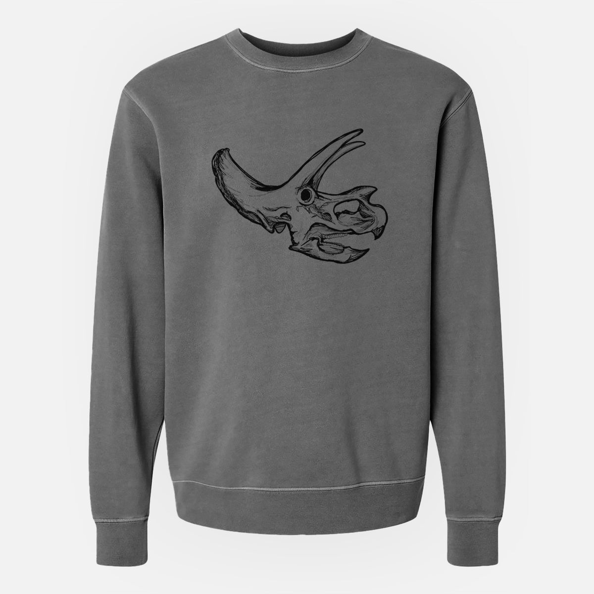 Faded black pigment dyed crewneck sweatshirt laid flat, printed with a detailed black ink illustration of a Triceratops skull with its horns and frill.