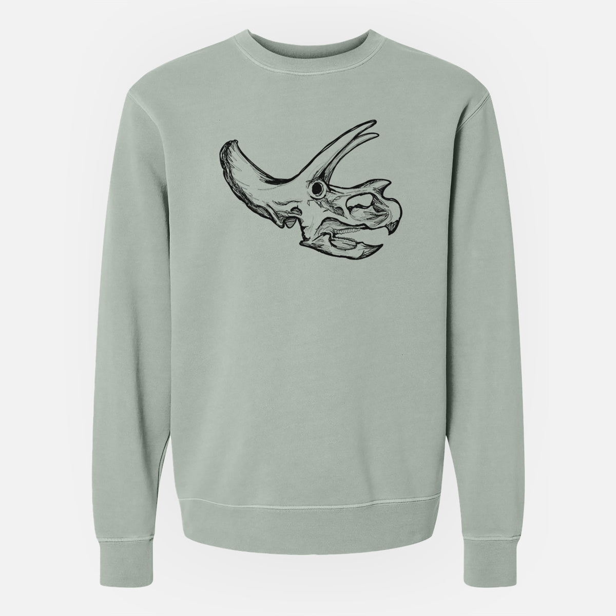Sage green pigment dyed crewneck sweatshirt laid flat, printed with a detailed black ink illustration of a Triceratops skull with its horns and frill.