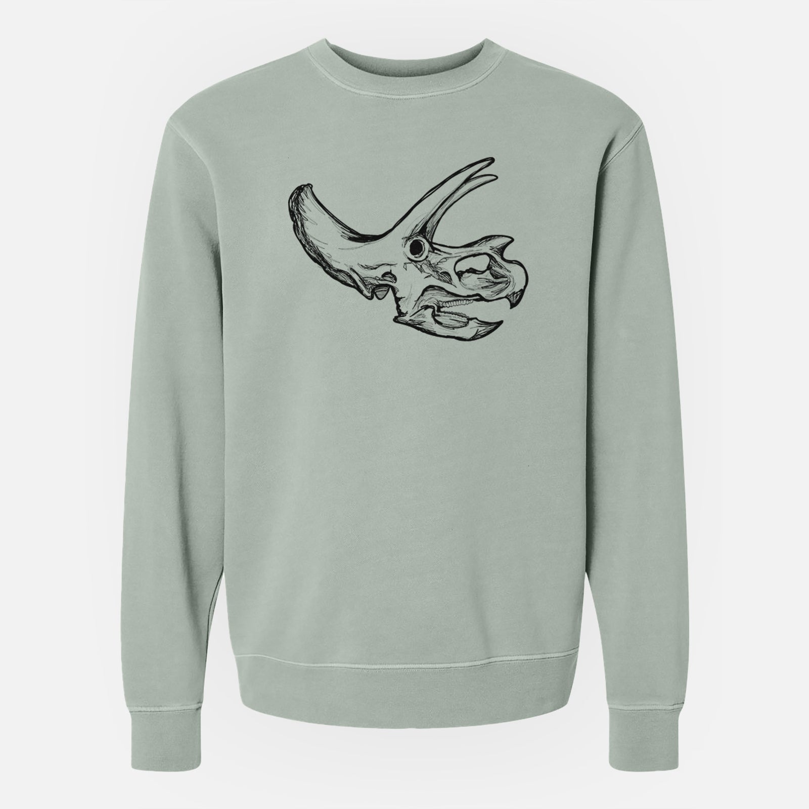 Sage green pigment dyed crewneck sweatshirt laid flat, printed with a detailed black ink illustration of a Triceratops skull with its horns and frill.