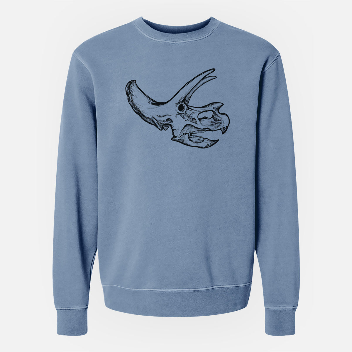 Slate blue pigment dyed crewneck sweatshirt laid flat, printed with a detailed black ink illustration of a Triceratops skull with its horns and frill.