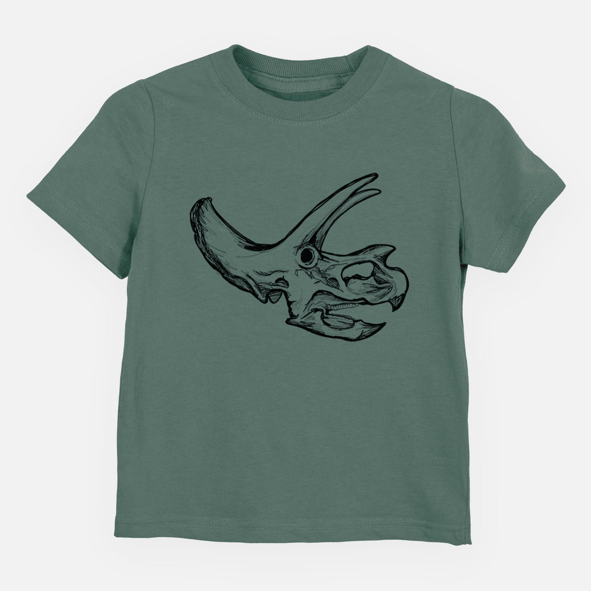 Basil green toddler t-shirt laid flat, printed with a detailed black ink illustration of a Triceratops skull with its horns and frill.