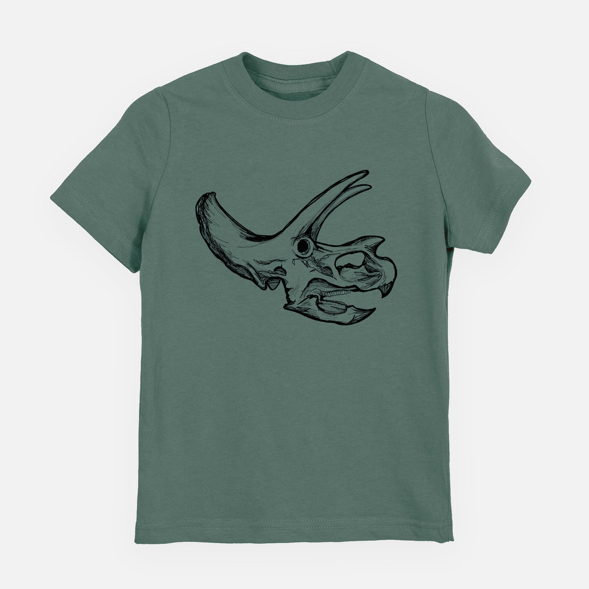 Basil green youth t-shirt laid flat, printed with a detailed black ink illustration of a Triceratops skull with its horns and frill.
