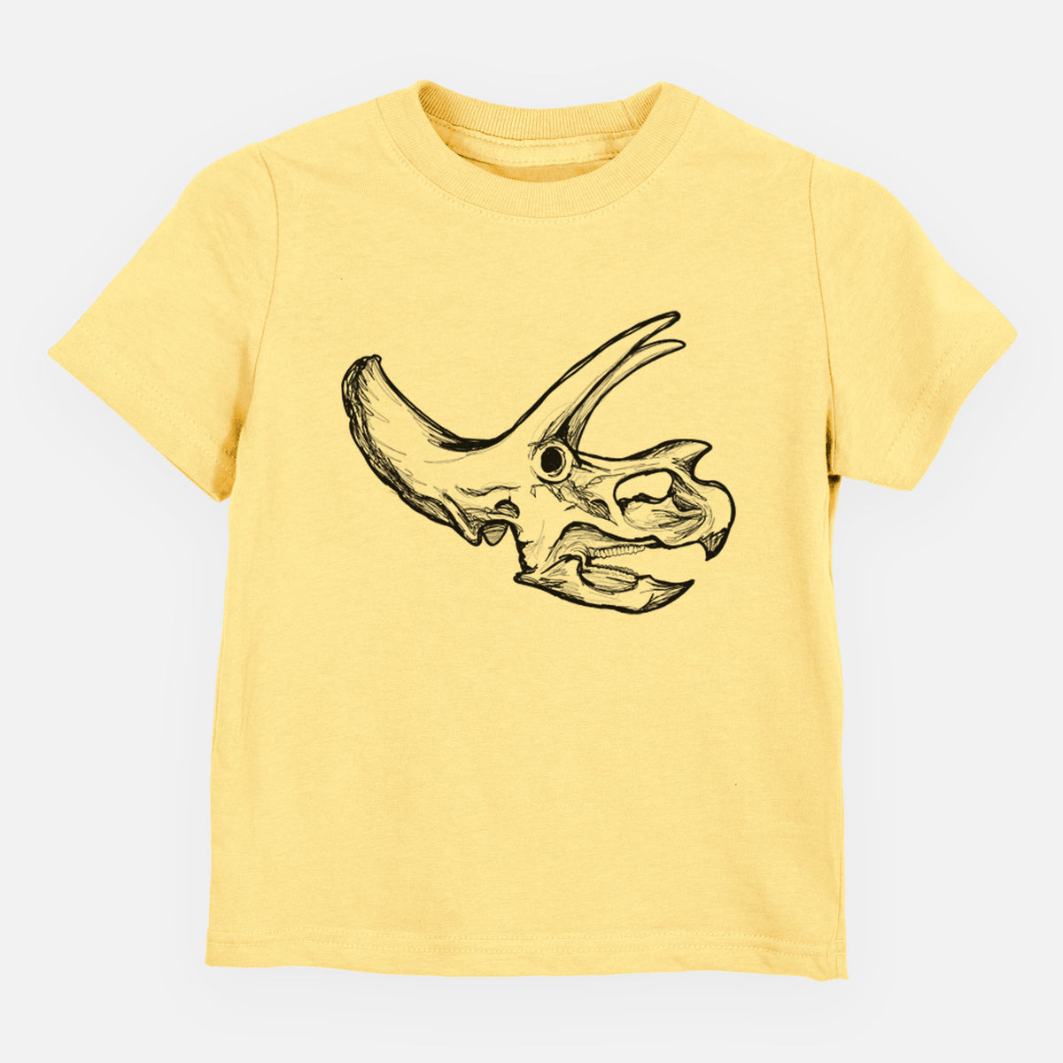 Butter yellow toddler t-shirt laid flat, printed with a detailed black ink illustration of a Triceratops skull with its horns and frill.