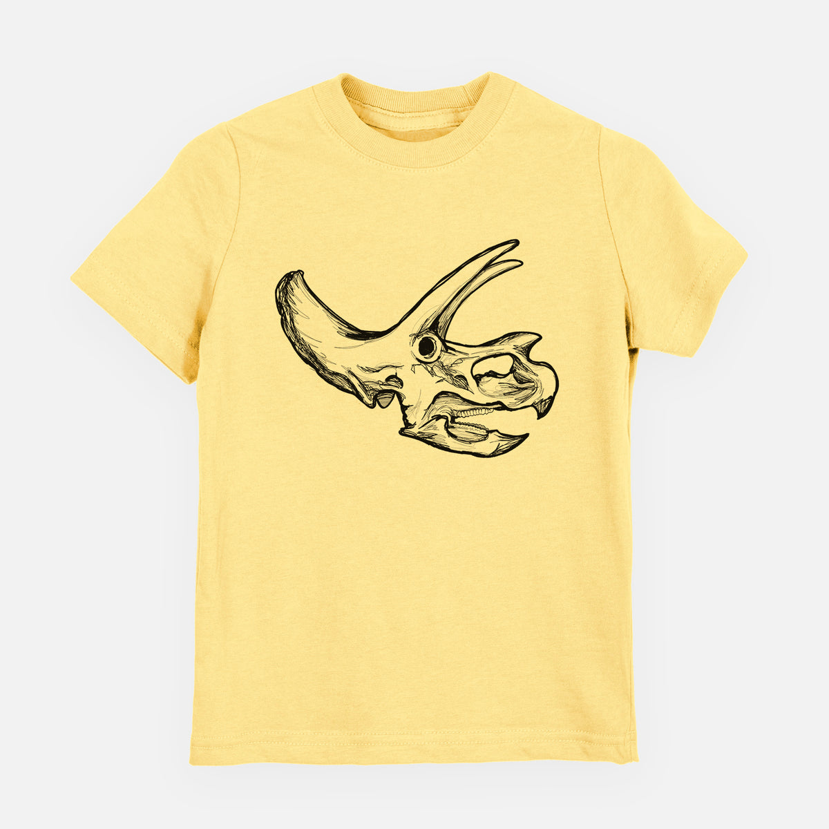 Butter yellow youth t-shirt laid flat, printed with a detailed black ink illustration of a Triceratops skull with its horns and frill.