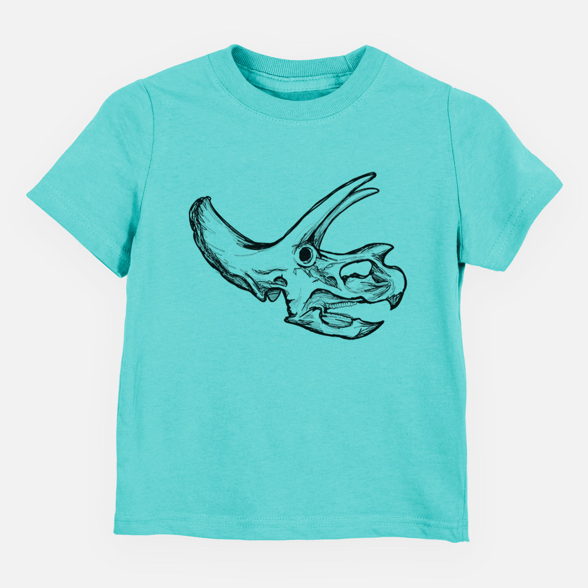 Caribbean blue toddler t-shirt laid flat, printed with a detailed black ink illustration of a Triceratops skull with its horns and frill.