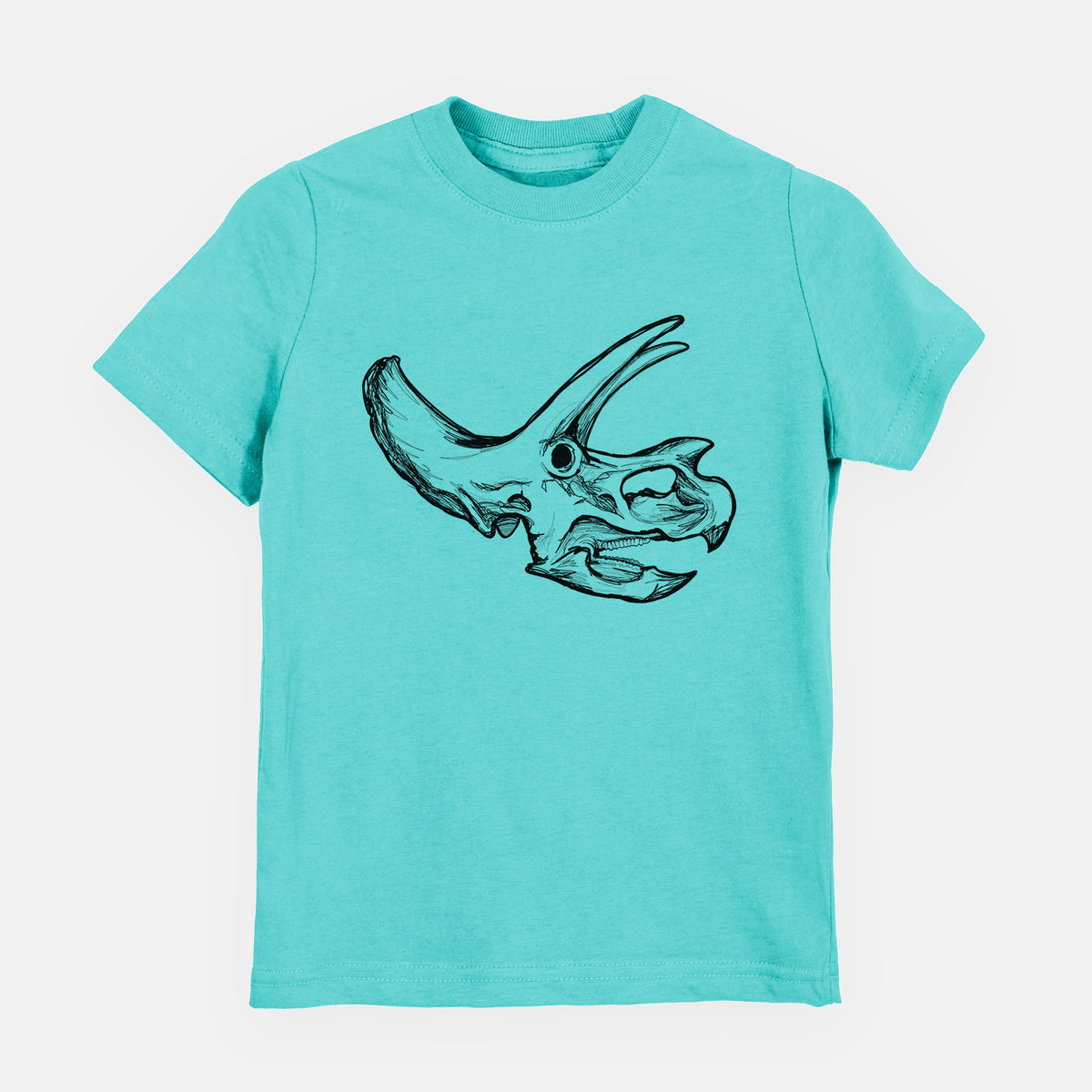 Caribbean blue youth t-shirt laid flat, printed with a detailed black ink illustration of a Triceratops skull with its horns and frill.