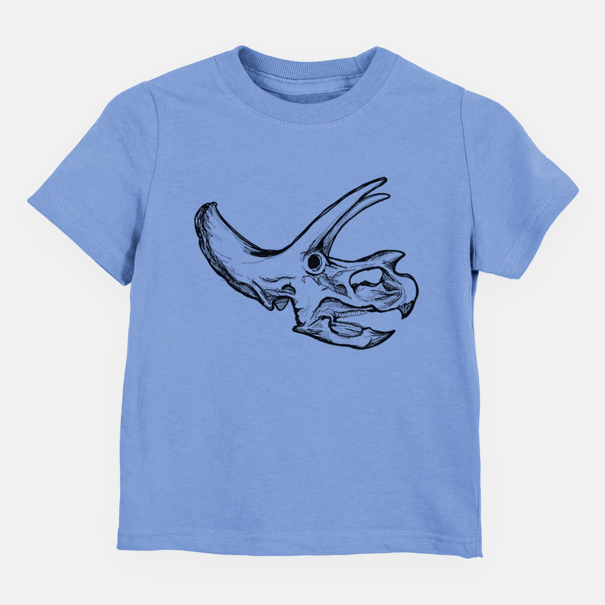 Carolina blue toddler t-shirt laid flat, printed with a detailed black ink illustration of a Triceratops skull with its horns and frill.