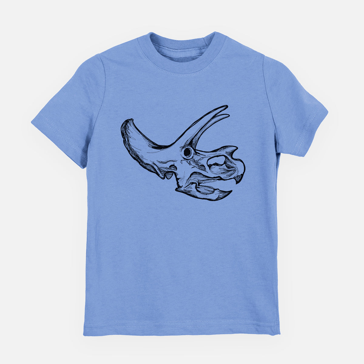 Carolina blue youth t-shirt laid flat, printed with a detailed black ink illustration of a Triceratops skull with its horns and frill.