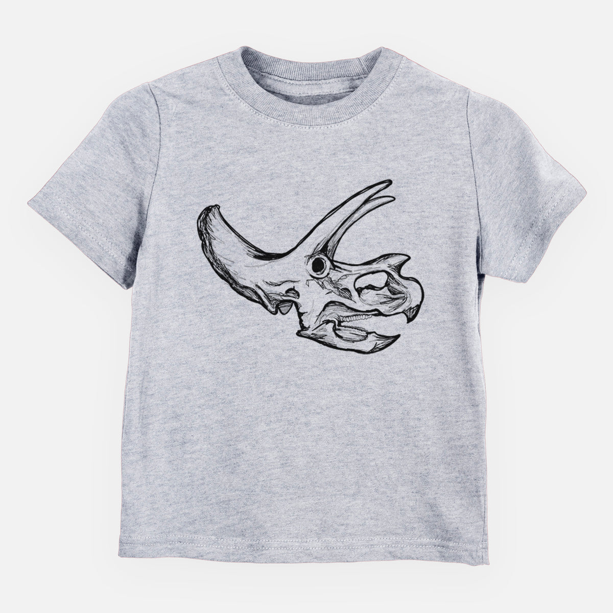 Heather grey toddler t-shirt laid flat, printed with a detailed black ink illustration of a Triceratops skull with its horns and frill.