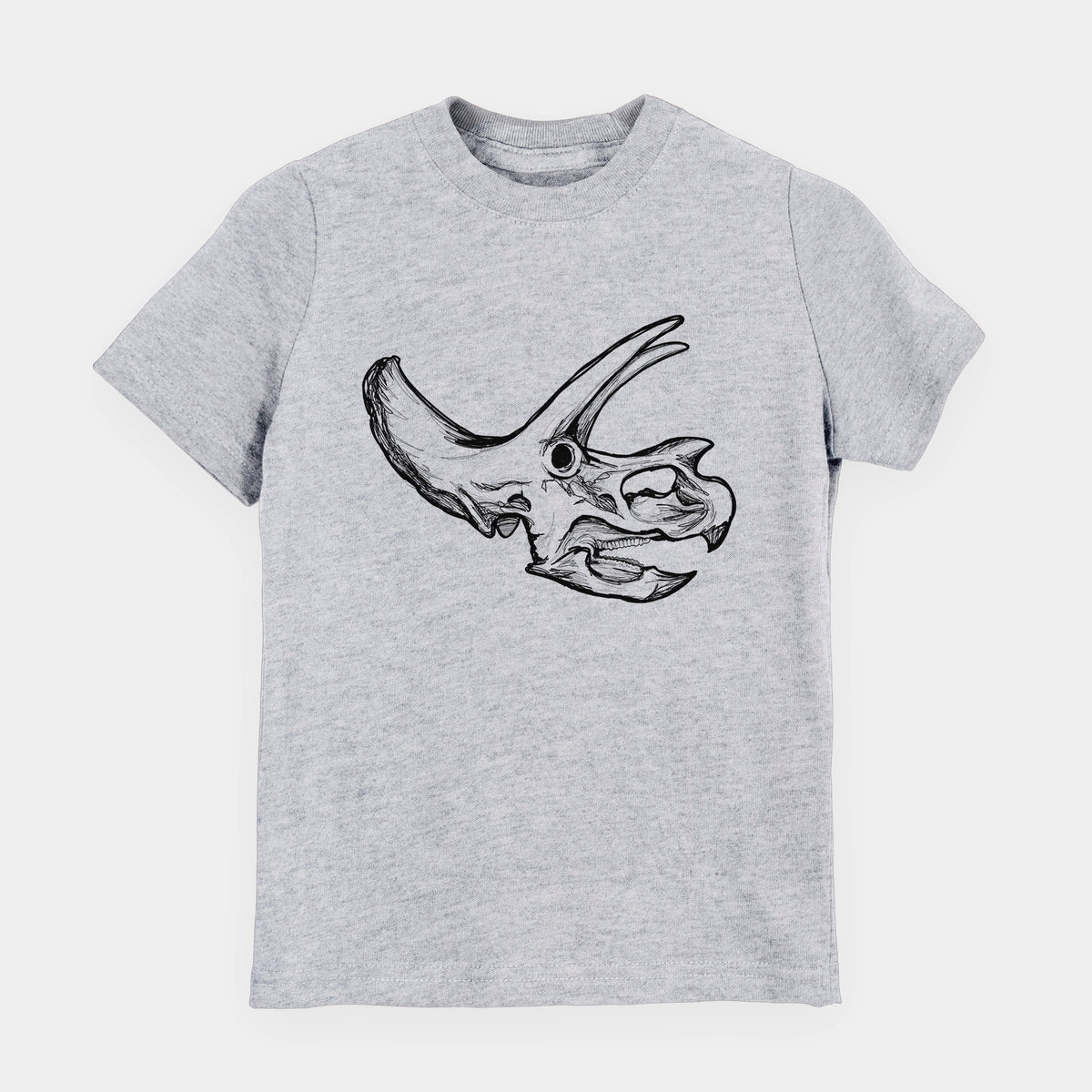 Heather grey youth t-shirt laid flat, printed with a detailed black ink illustration of a Triceratops skull with its horns and frill.