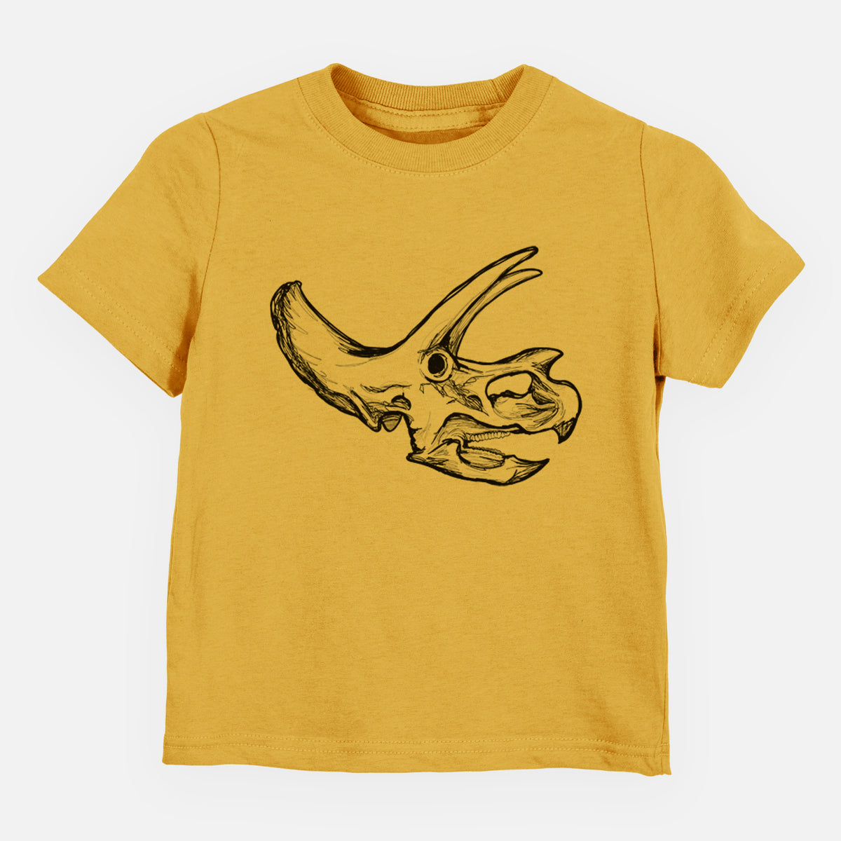 Honeycomb yellow toddler t-shirt laid flat, printed with a detailed black ink illustration of a Triceratops skull with its horns and frill.