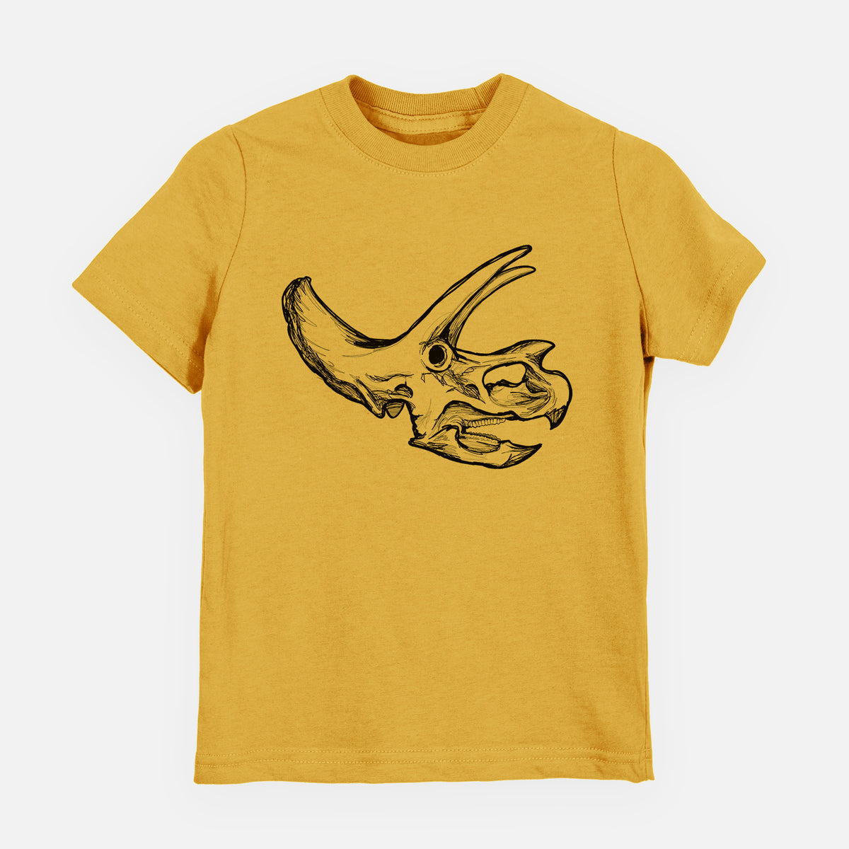 Honeycomb yellow youth t-shirt laid flat, printed with a detailed black ink illustration of a Triceratops skull with its horns and frill.