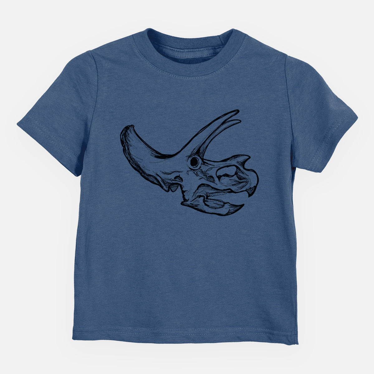 Indigo blue toddler t-shirt laid flat, printed with a detailed black ink illustration of a Triceratops skull with its horns and frill.