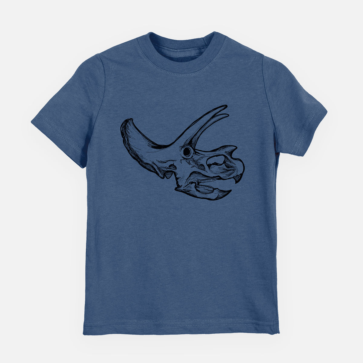 Indigo blue youth t-shirt laid flat, printed with a detailed black ink illustration of a Triceratops skull with its horns and frill.