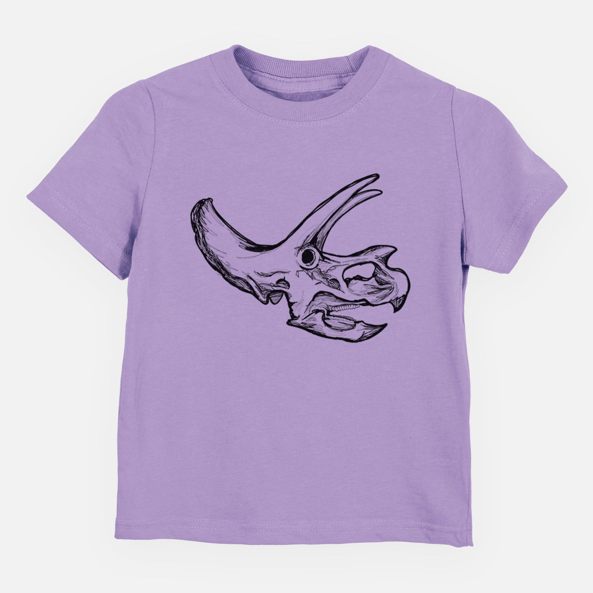 Lavender toddler t-shirt laid flat, printed with a detailed black ink illustration of a Triceratops skull with its horns and frill.