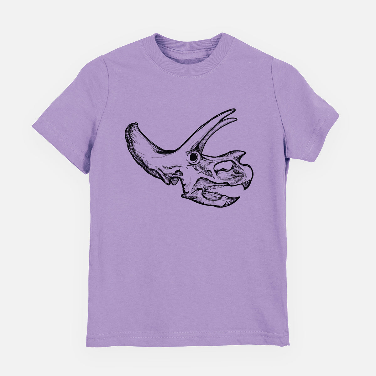 Lavender youth t-shirt laid flat, printed with a detailed black ink illustration of a Triceratops skull with its horns and frill.