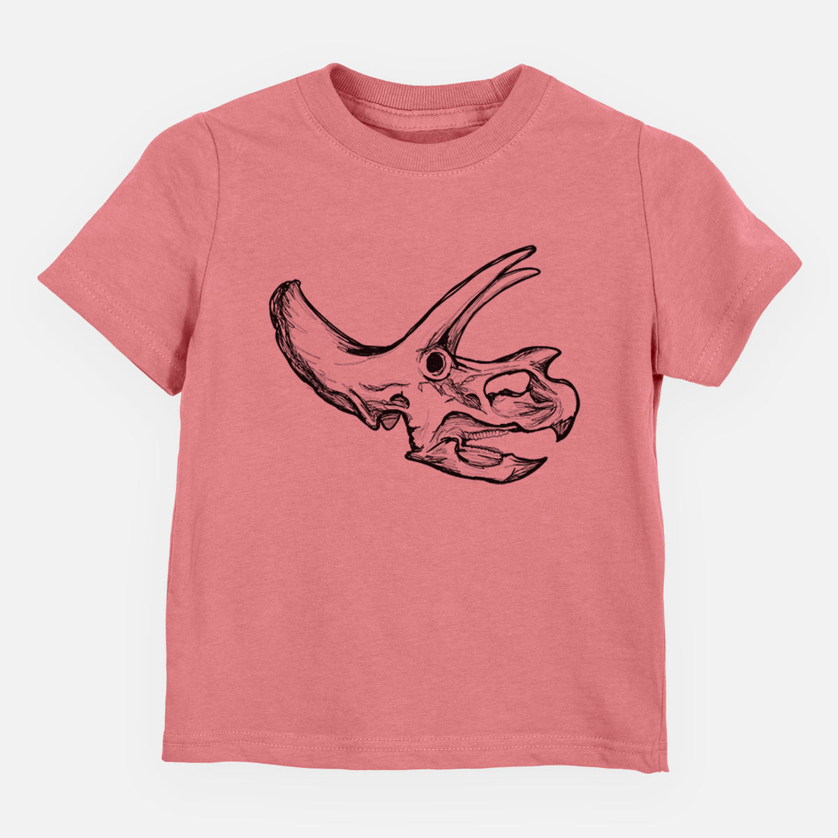 Mauve pink toddler t-shirt laid flat, printed with a detailed black ink illustration of a Triceratops skull with its horns and frill.