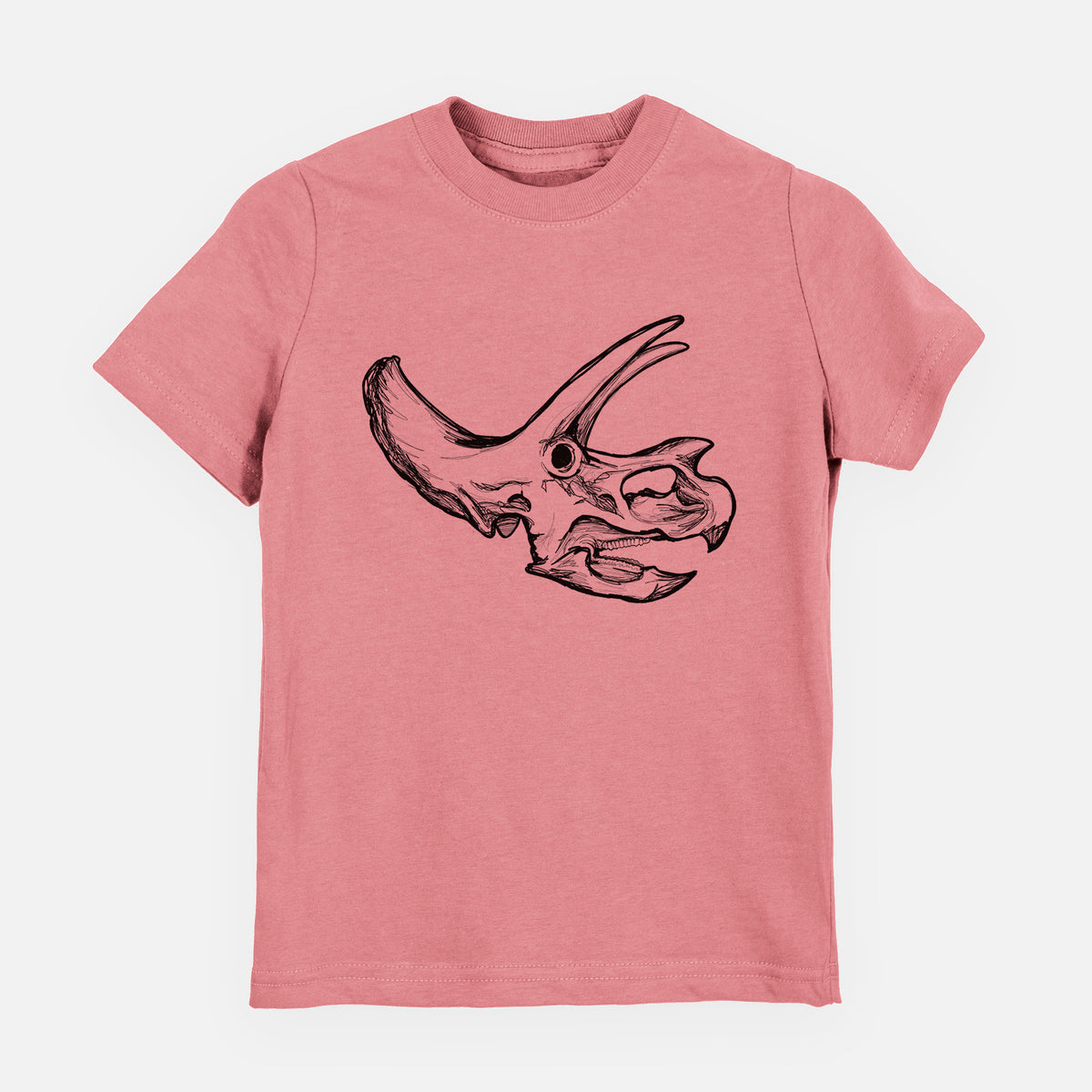 Mauve pink youth t-shirt laid flat, printed with a detailed black ink illustration of a Triceratops skull with its horns and frill.