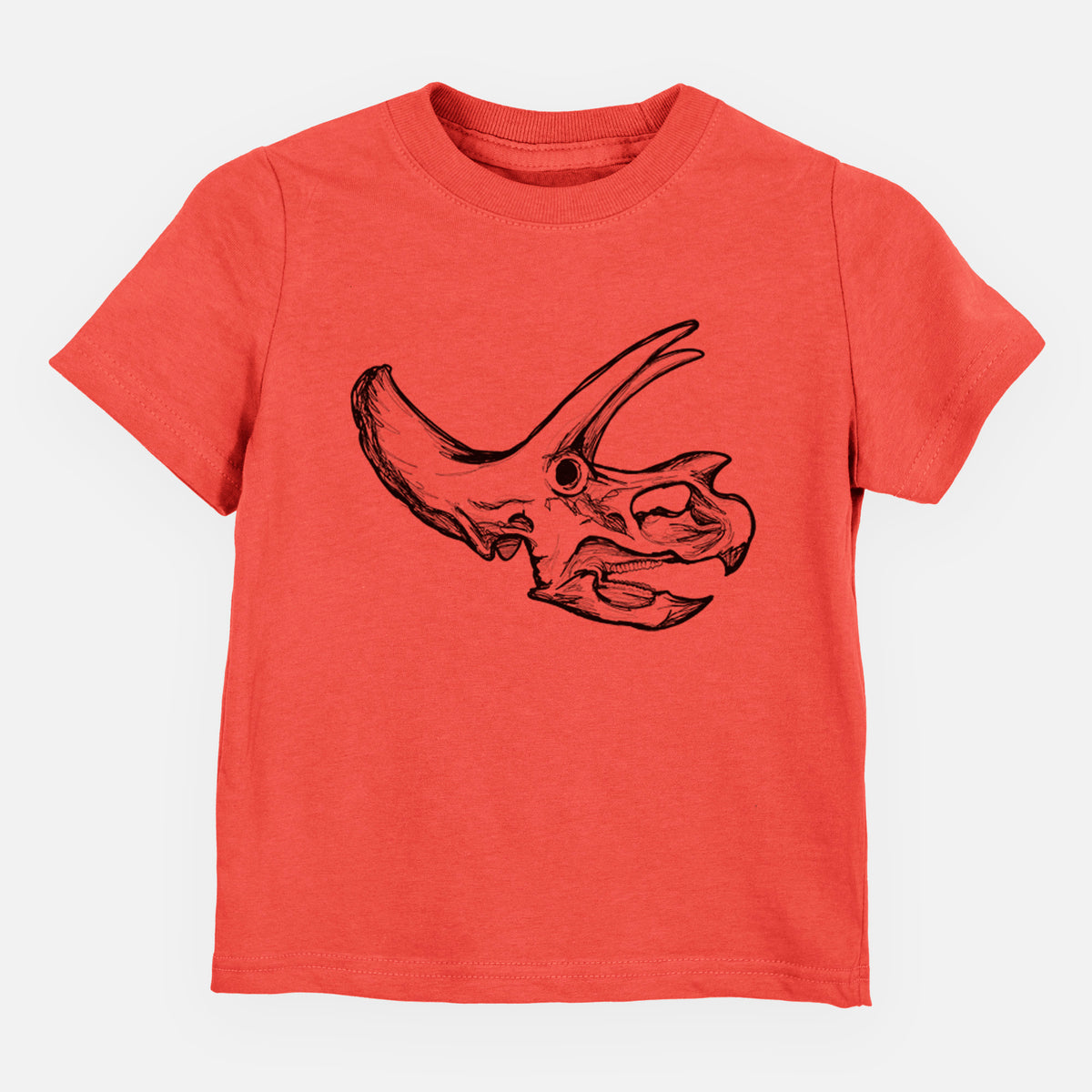 Passionfruit pink toddler t-shirt laid flat, printed with a detailed black ink illustration of a Triceratops skull with its horns and frill.