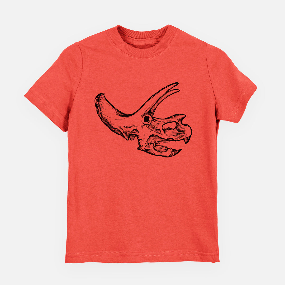 Passionfruit pink youth t-shirt laid flat, printed with a detailed black ink illustration of a Triceratops skull with its horns and frill.
