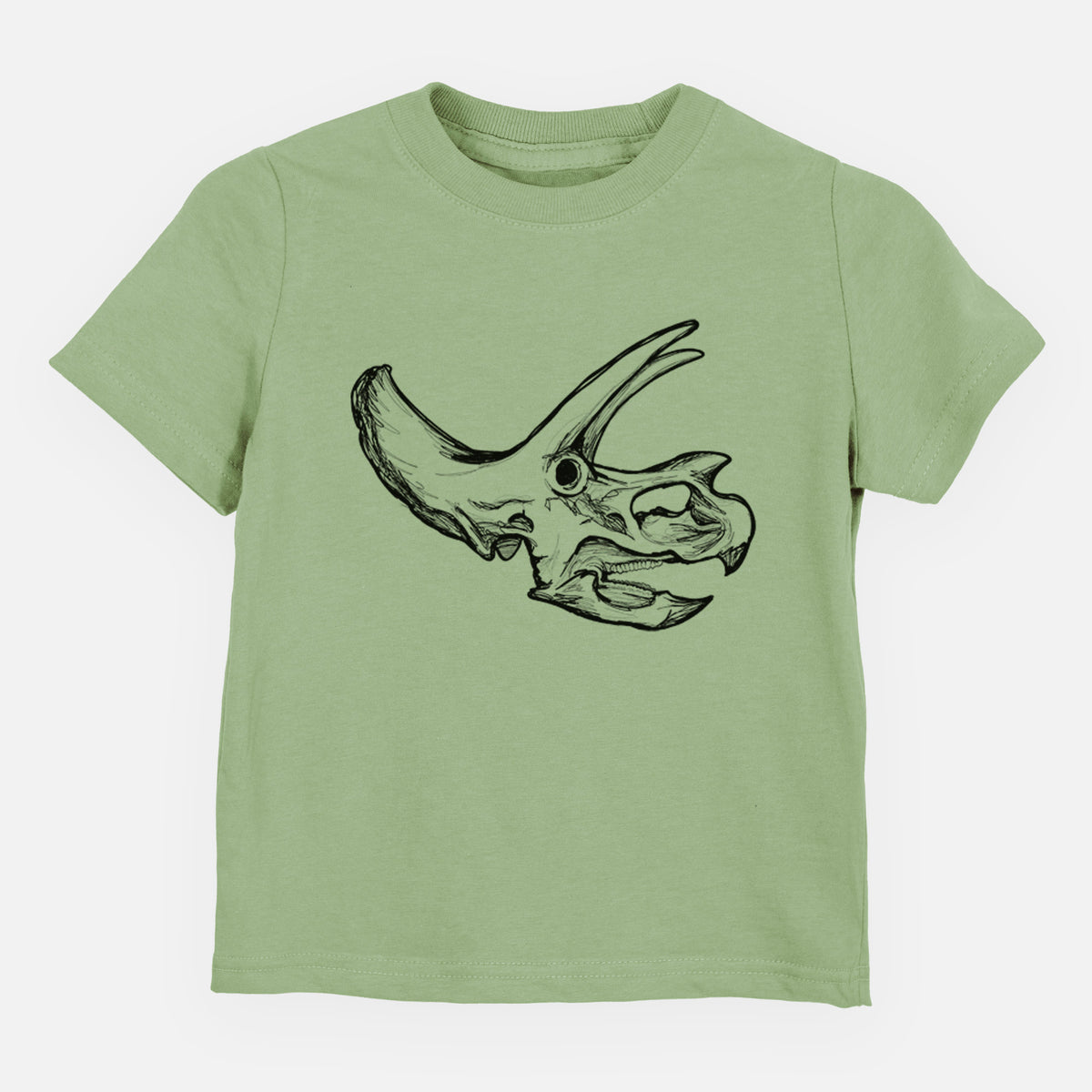 Sage green toddler t-shirt laid flat, printed with a detailed black ink illustration of a Triceratops skull with its horns and frill.