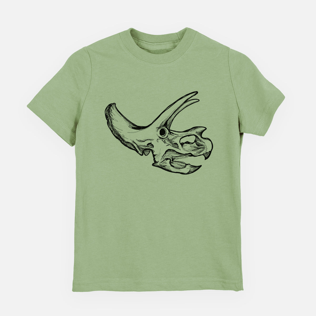 Sage green youth t-shirt laid flat, printed with a detailed black ink illustration of a Triceratops skull with its horns and frill.