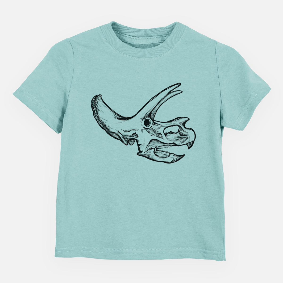 Saltwater toddler t-shirt laid flat, printed with a detailed black ink illustration of a Triceratops skull with its horns and frill.